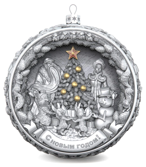Set of 3 silver Christmas balls "Bells, Happy childhood and Bullfinches"